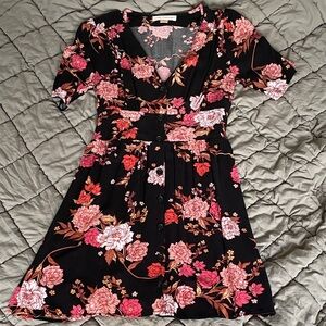 Floral Button front  Dress - Black with Pink Floral. Stretchy back panel
